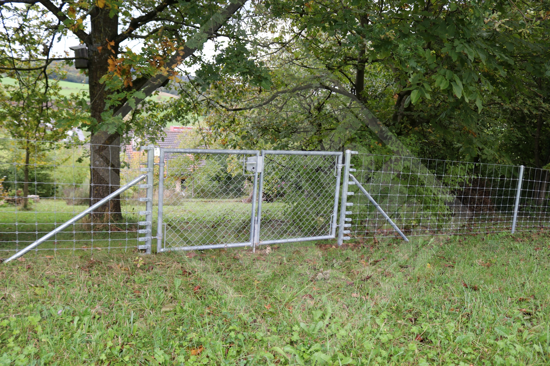 5 Knotengitterzaun-Doppeltor Rohrrahmenkonstruktion mit Diagonalgeflecht bespannt