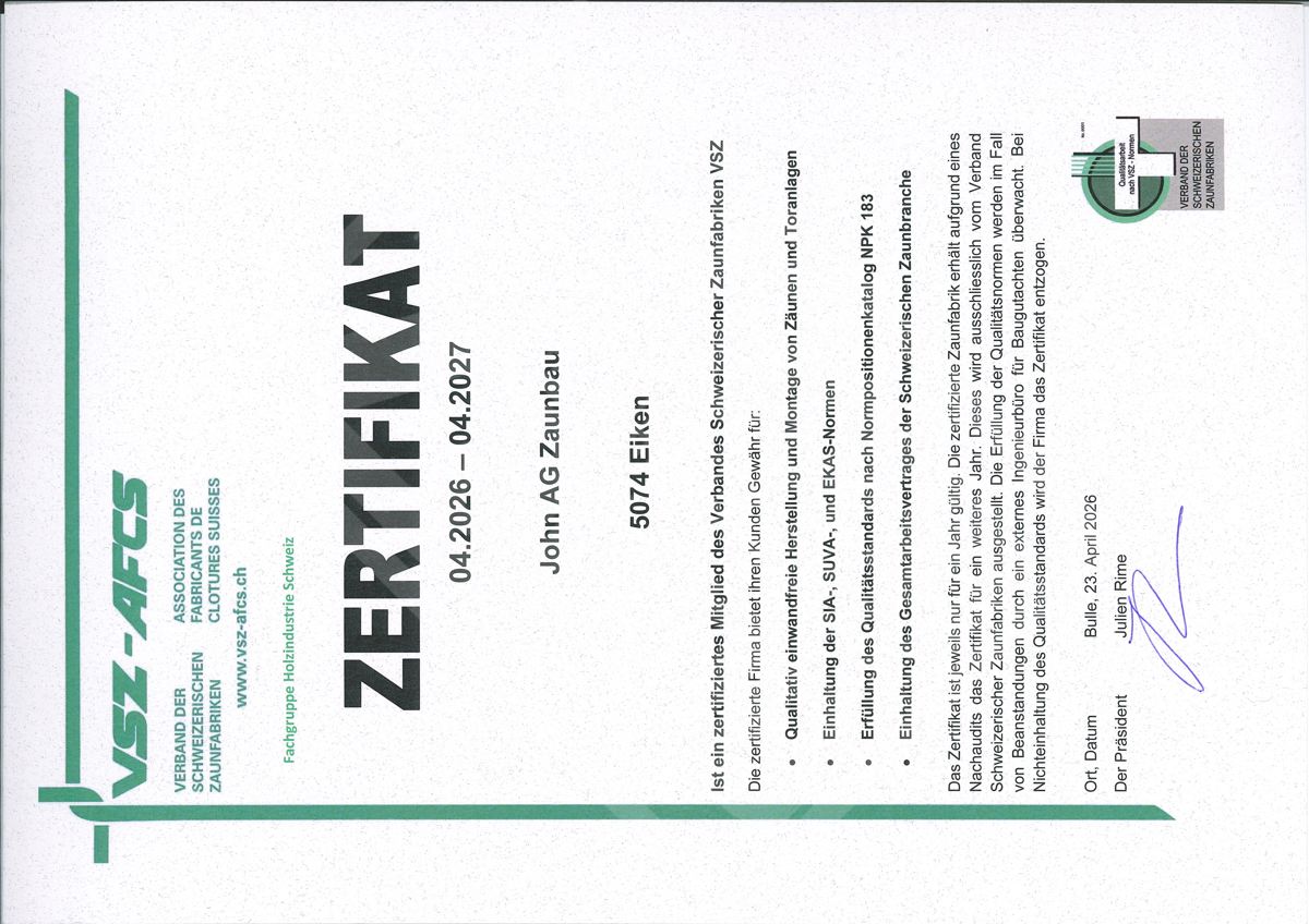 Zertifikat VSZ 2026