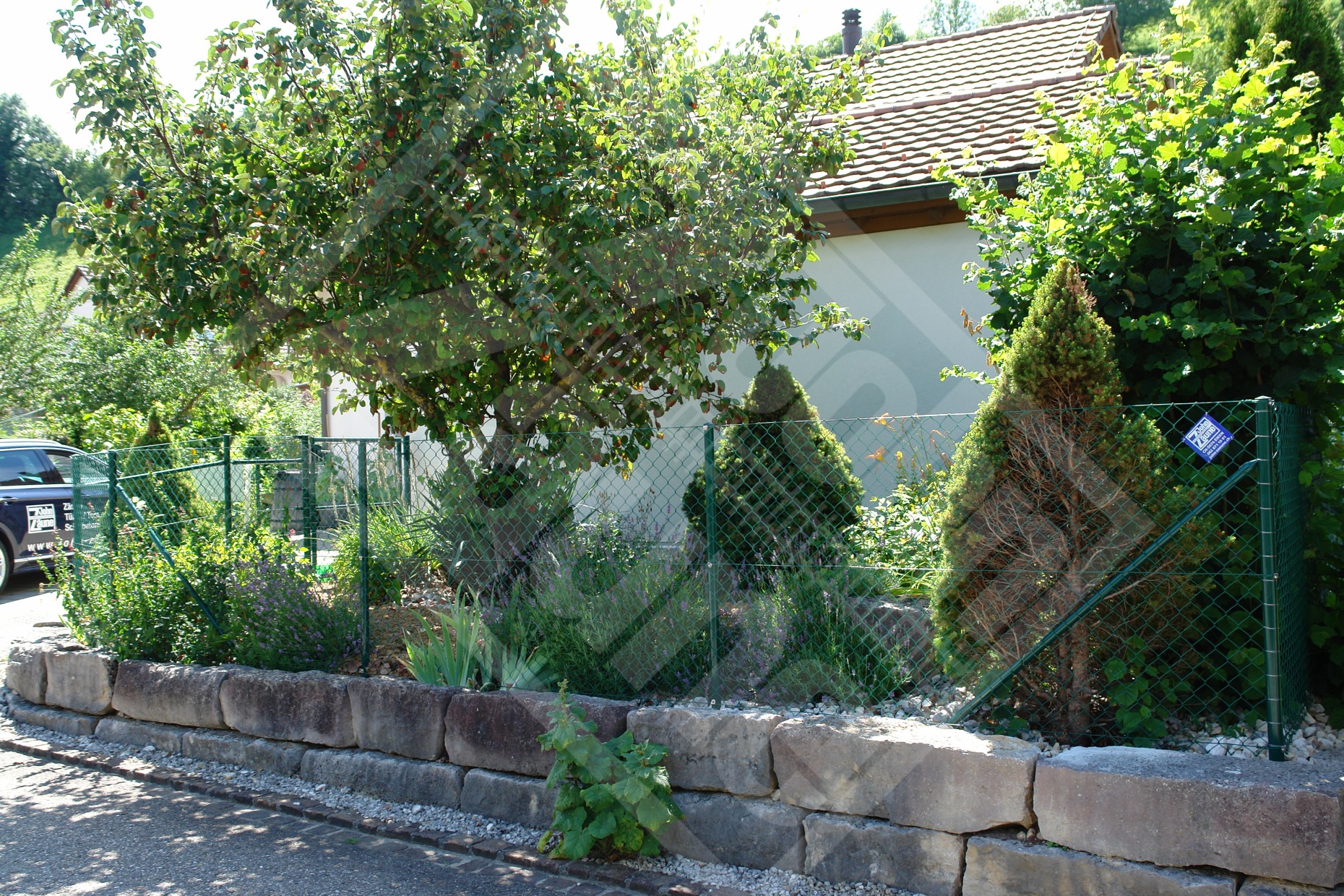 10 Diagonalgeflechtzaun mit Rohrpfosten verzinkt u. beschichtet moosgrün